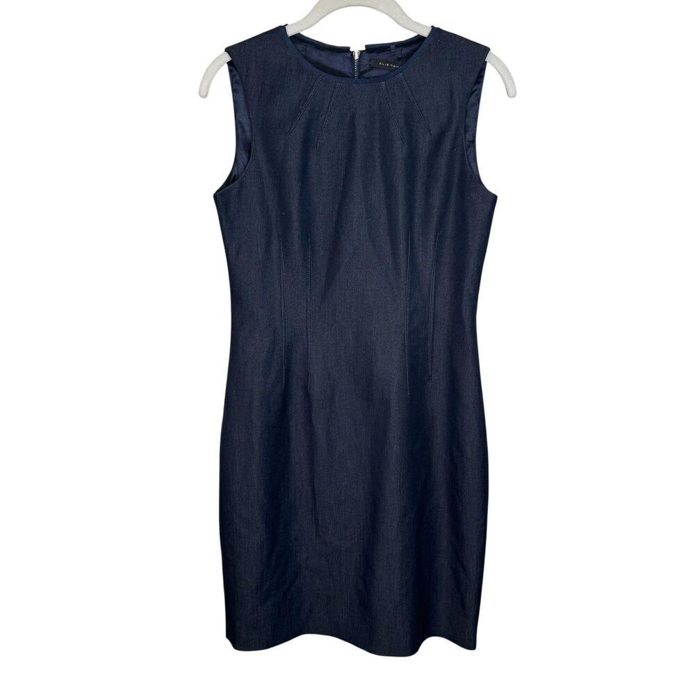 Elie Tahari Dress Womens 4 Blue Sleeveless Sheath Exposed Zip Work Knee Length
